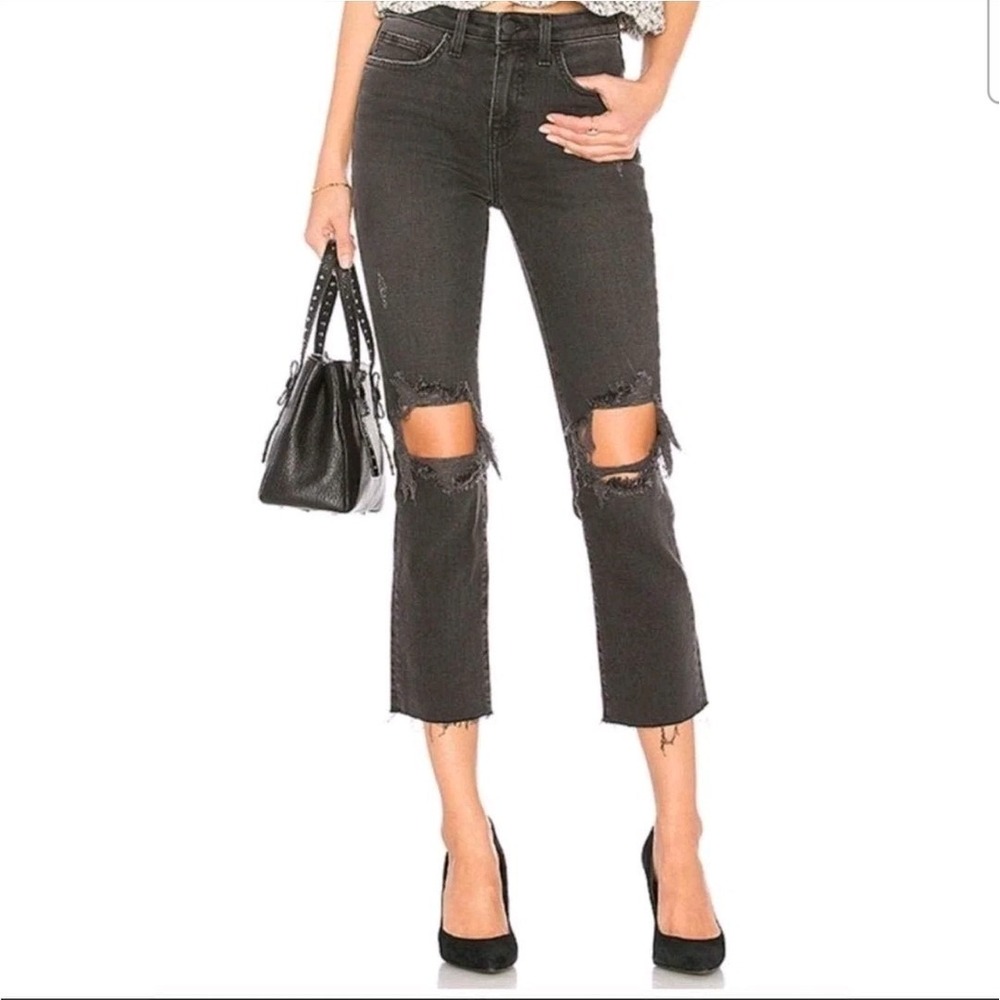 L'AGENCEAudrina High Rise Straight Vintage‎ Black Worn Destruct Jeans Crop Sz 28